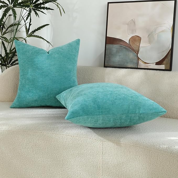 Aqua Green Chenille Decorative Couch Throw Pillow Covers, Soft Cushion Cases for Home Livingroom Sofa Décor, Pack of 2, 18 x 18 Inches