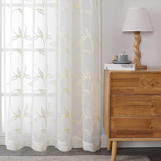 VISIONTEX Sheer Curtains 63 Inch Length 2 Panels Set Cream Beige Embroidered Floral Leaf Pattern Rod Pocket Semi Sheer Voile Window Curtains/Drapes for Bedroom Living Room 54 x 63 Inches