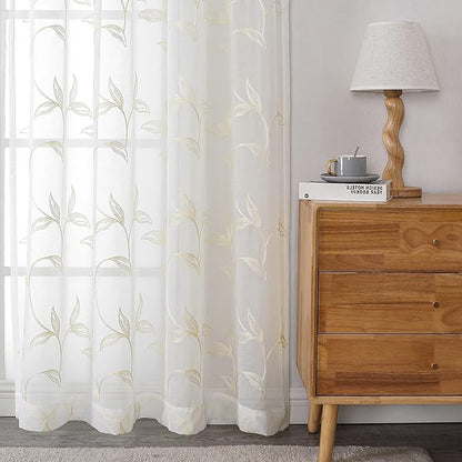 VISIONTEX Sheer Curtains 63 Inch Length 2 Panels Set Cream Beige Embroidered Floral Leaf Pattern Rod Pocket Semi Sheer Voile Window Curtains/Drapes for Bedroom Living Room 54 x 63 Inches