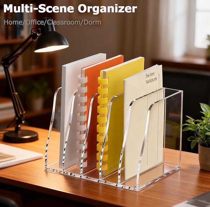 YUXUN Clear Acrylic File Folder Holder - 5 Vertical Compartments Desk Document Sorter, Upright Magazine Rack for Office/Home/Classroom, Stores Documents, Tablets, Magazines, Books & Accessories
