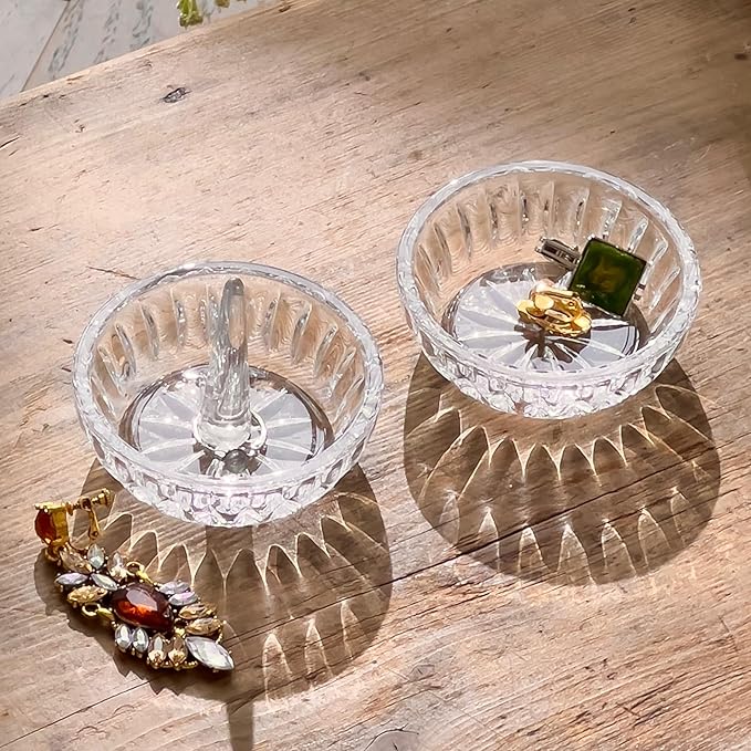Set of 2 Crystal Jewelry Dish Trays 3.1in Clear Round Trinket Ring Holders for Wedding, Birthday, Anniversary, Christmas Decor