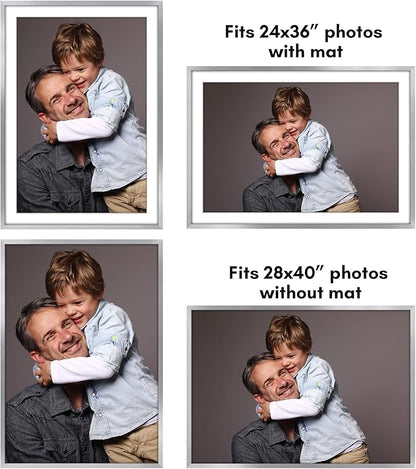 Americanflat 28x40 Poster Frame with Polished Plexiglass - Use as 24x36 Frame with Mat or Display 28x40 Photo Without Mat - Streamline Collection - Thin Border Picture Frames for Wall - Silver