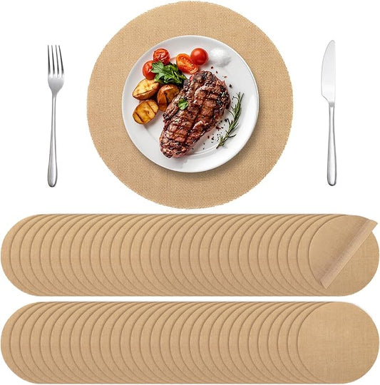 Aneco 100 Pieces Round Burlap Placemats 11.8 Inch Reusable Brown Table Mats Heat Resistant Natural Jute Fibers Placemats Burlap Circle Rustic Table Decorations for Dinner Holiday Farmhouse Decor