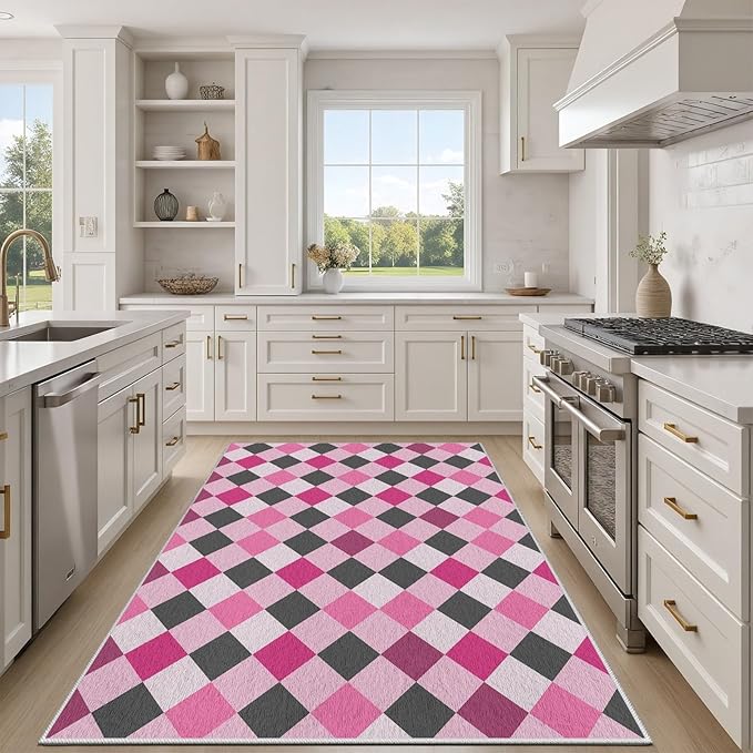 Diamond Checkered Rug 7x10, Soft Ultra Soft Faux Wool Abstract Geometric Rugs, Indoor Floor Mats Carpet, Non Slip&Non-Shedding Low Pile Washable Rugs, Modern Red Rug for Bedroom