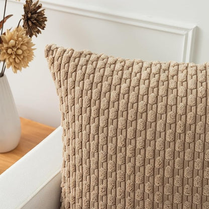 Kevin Textile Euro Sham Pillow Covers 28x28 Inch 2 Packs Soft Boho Striped Corduroy Decorative Throw Pillows for Living Room Couch Bed Sofa Rustic Farmhouse Home Decor 71x71cm Tan