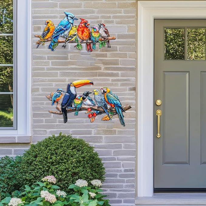 2Pcs Metal Bird Outdoor Wall Art Decor, Hummingbird Wall Silhouette Art, Bird on Branch Wall Sculpture Hanging Indoor Outdoor for Yard Garden and Patio (Birds D)