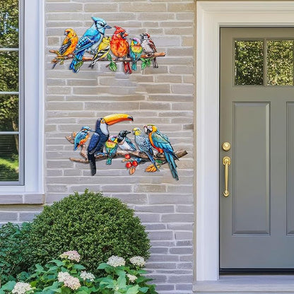 2Pcs Metal Bird Outdoor Wall Art Decor, Hummingbird Wall Silhouette Art, Bird on Branch Wall Sculpture Hanging Indoor Outdoor for Yard Garden and Patio (Birds D)