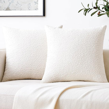 Mixhug Decorative Boucle Throw Pillow Covers, White, 20 x 20 Inches, Pack of 2 - Textured Boho Pillow Covers for Couch and Bed