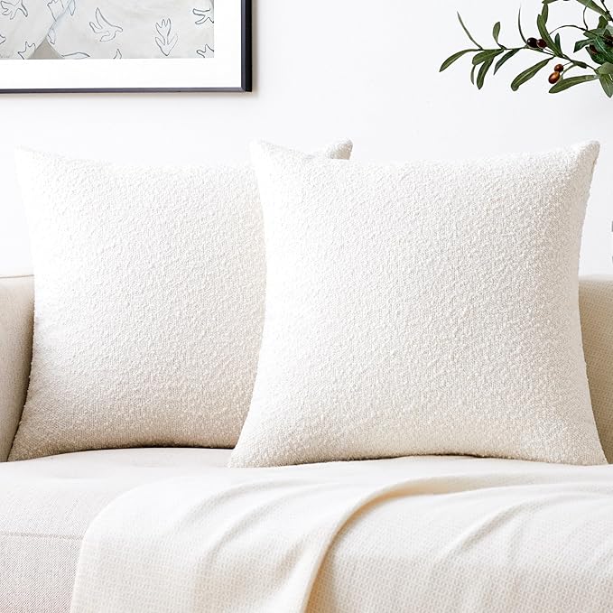 Mixhug Decorative Boucle Throw Pillow Covers, White, 18 x 18 Inches, Pack of 2 - Textured Boho Pillow Covers for Couch and Bed