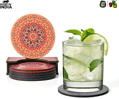 GKD Coaster Set of 6 Beautiful Wooden Coasters with Proper Coaster Stand Designer Set fit for Tea Cups, Coffee Mugs and Glasses (6 pc Round 3.5 x 3.5 inch) Multi Color