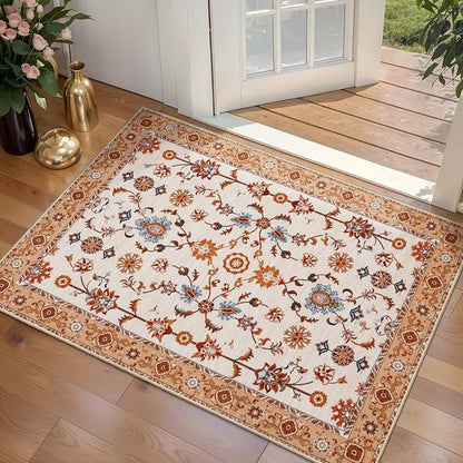 Tangsoo Floral Small Rug 2x3 Washable Rug for Entryways Vintage Non-Slip Area Rugs Orange Entry Rugs Distressed Floor Carpet Soft Low Pile Door Mat for Entrance Bedroom Kitchen Foyer Decor