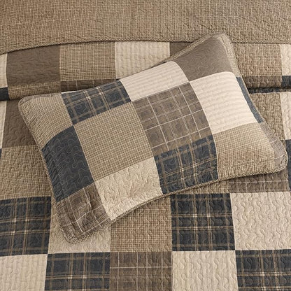 100% Cotton 120"x102" Oversized Quilt Bedspread, Plaid Pattern Oversized Queen Extra Large Quilt Bedding Set, Reversible XL Bed Spread Lightweight Comforter, Brown/Beige/Cream, 3Pcs