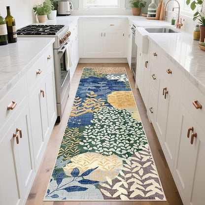 DEXDE Runner Rug 2x8 Washable Hallway Boho Soft Area Rugs Abstract Long Non Slip Leaves Floral Vintage Floor Carpet for Entryway Kitchen Laundry Bathroom Bedroom,Blue