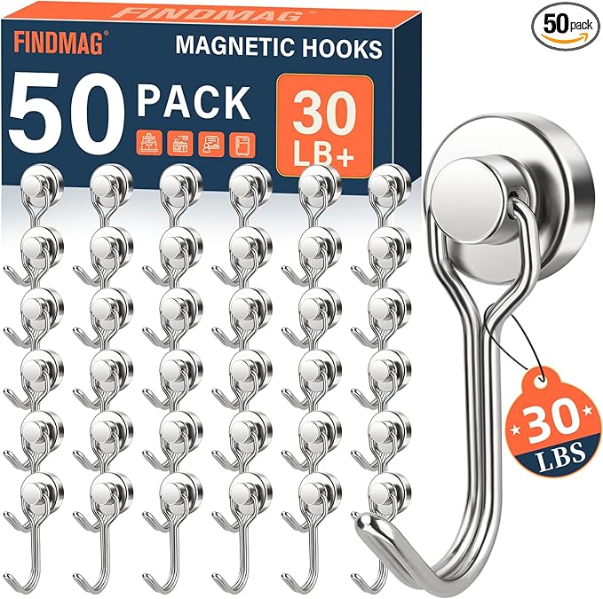 FINDMAG 50 Pack Magnetic Hooks, 30 LB+ Magnet Hooks for Refrigerator, Strong Neodymium Magnets with Hooks, Magnetic Hooks Heavy Duty for Cruise, Kitchen, Classroom, Beach Essentials, Silver