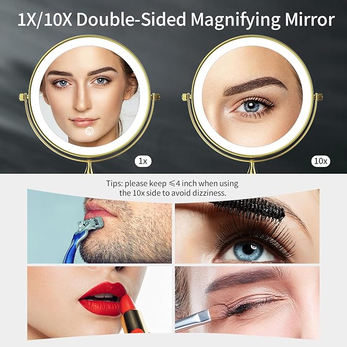 DOWRY 4000 mAh Rechargeable Lighted Makeup Mirror 10x Magnification Vanity Mirror Tabletop Two-Sided Swivel Gifts for Women Wife Mom Teengirls Gold Finish