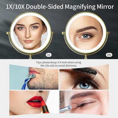 DOWRY 4000 mAh Rechargeable Lighted Makeup Mirror 10x Magnification Vanity Mirror Tabletop Two-Sided Swivel Gifts for Women Wife Mom Teengirls Gold Finish