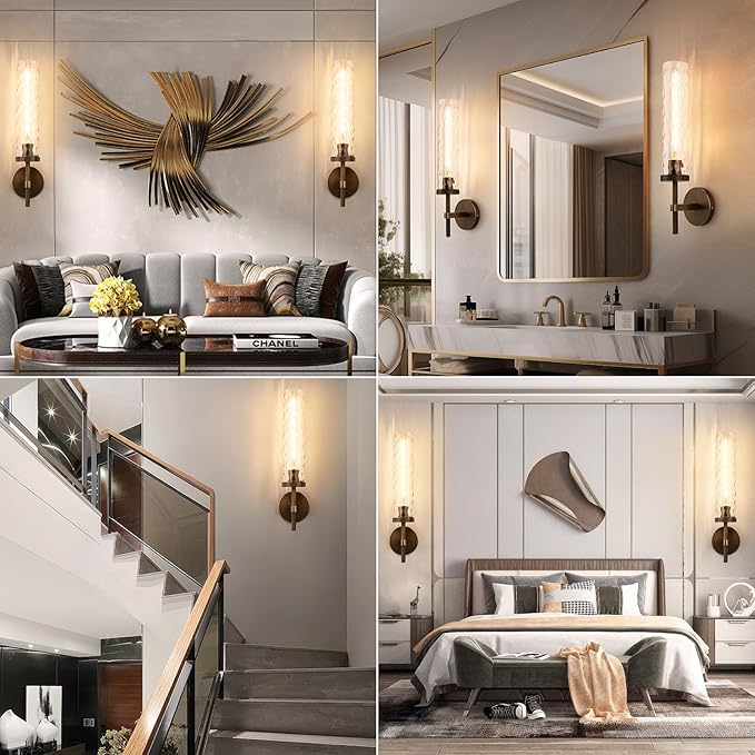 19.5" Knurled Brass Wall Sconce with Water Ripples Glass Tube, Bronze Bathroom Vanity Light Fixtures, Modern Lamp Lighting for Bedroom, Living Room, Hallway, Staircase, Mirror, Kitchen