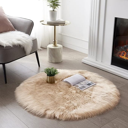 SERISSA Ultra Soft Round Faux Sheepskin Fur Area Rug Beige Circular Shaggy Rug Round Fluffy Area Rugs Plush Circle Floor Carpet Mat for Bedroom Living Room Floor Decor, 3ft Diameter (Beige)