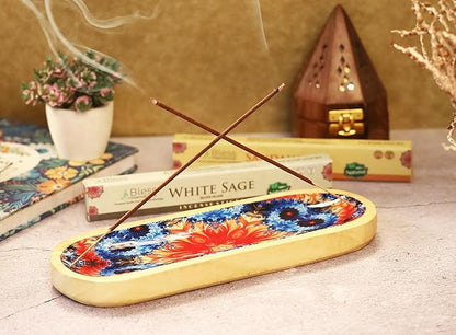 Bless-International Traditional-Handmade-Tray-Burner Wooden-Trat-Incense-Stick-Holder Ash-Catcher-Stand for-Aromatherapy-Meditation-Yoga (Abstract Flowers, 11x4x1.22 Inches)