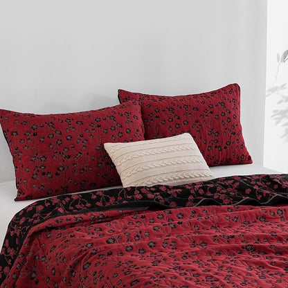 100% Cotton Muslin Jacquard 3 Piece Quilt Set Floral Plum Blossom Print, Soft 3 Layers Gauze Bed Cover Reversible Bedspread Coverlet Breathable Lightweight Bedding Set, King