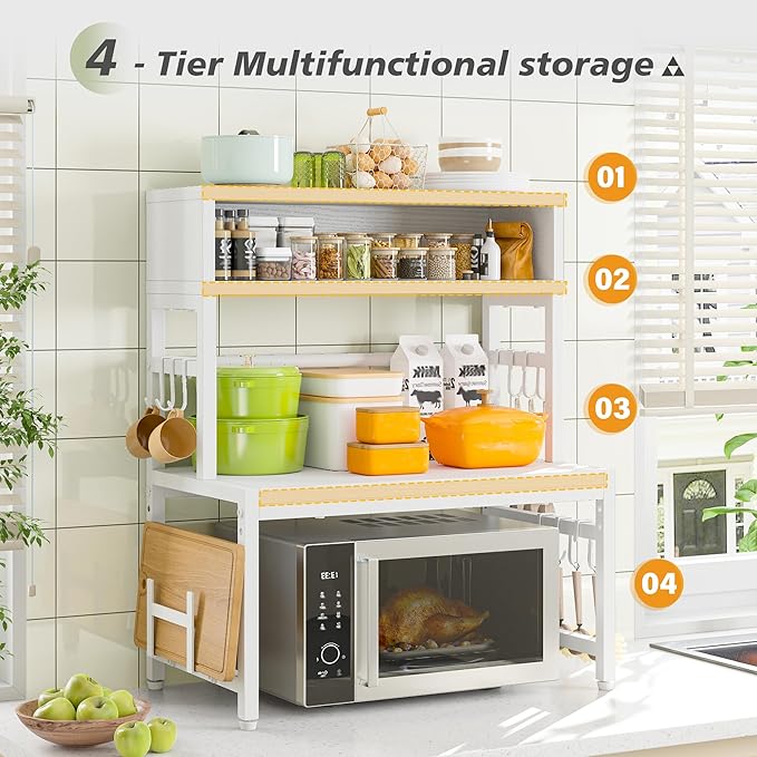 EnHomee Microwave Stand, 205LBS Microwave Shelf, Adjustable Countertop Shelf Heavy Duty 4-Tier with 9 Hooks for Kitchen Counter Organizer, Microwave Stand with Storage and Microwave Oven Rack (White)