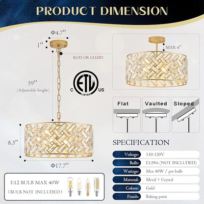 Gold Crystal Chandelier, 18" Modern Drum Ceiling Light Fixture, Luxury 6-Light K9 Crystal Pendant Lighting, Convertible Semi Flush Mount Hanging Light for Dining Room, Living Room, Bedroom, Kitchen