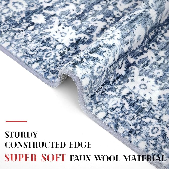 Runner Rug 2.6x14, Light Blue White Washable Long Hallway Rug Runner Non-Slip Soft Kitchen Runner Thin Printed Faux Wool Super Soft Carpet for Entryway Bedroom Laundry Room Indoor Home Decor