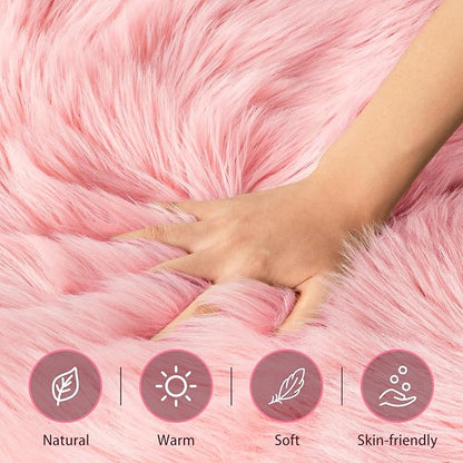 Ciicool Pink Fur Fluffy Rug, 2x4 ft Small Faux Fur Rugs for Bedroom, Washable Faux Sheepskin Carpet for Sofa Couch Seat Cushion, Thick Shaggy Furry Rugs Floor Carpets for Bedside Living Room