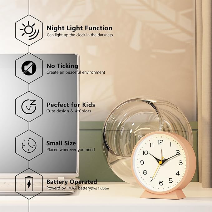 AYRELY® 4.5" Analog Alarm Clock,Small Retro Desk Clock Battery Operated,Slient Metal Table Clock with Light for Living Room Decor,Bedroom,Bedside,Shelf(Light Pink)