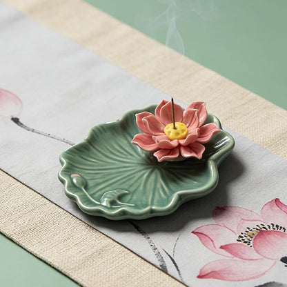 Lotus and Leaf Incense Stick Holder with Hole, Green Porcelain Incense Tray Ash Catcher for Spa, Meditation Room, Yoga, Home, Office, Ash Tray, Jewelry Tray