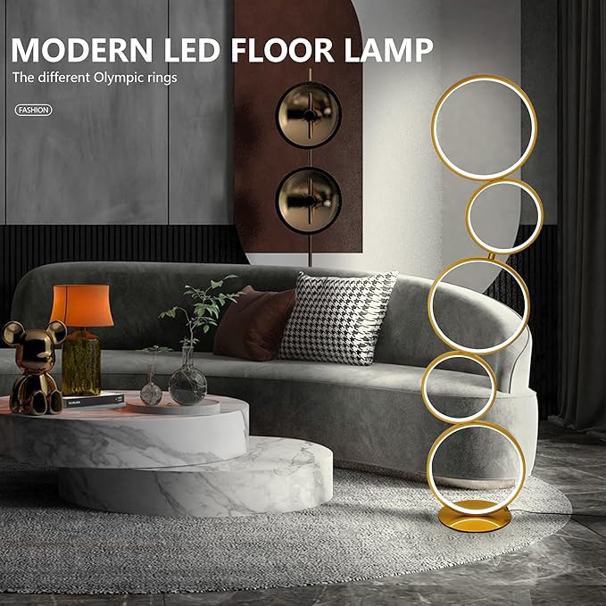 COSYLUX LED Modern Floor Lamp for Bedroom, 3 Way Bright Dimmable Corner Floor lamp with 5-Ring 2-in-1 Standing Tall End Table Lamp for Living Room & Office Reading Light, 3260LM, 6000K, Gold.