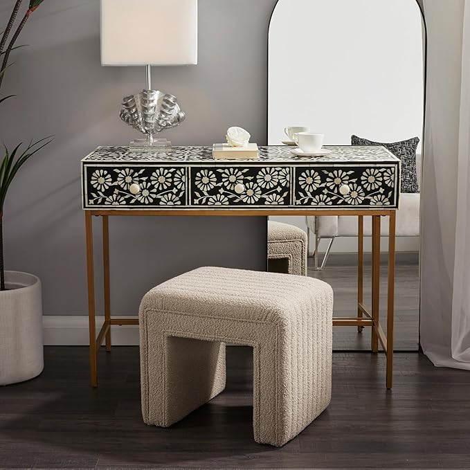 Get Set Style Vanity Stool Chair,Modern Boucle Ottoman Foot Stool with Wooden Legs Sofa Bench Footstool Extra Seat for Vanity,Makeup Room,Living Room,Entryway,Office (Fully Assembled) (Taupe)