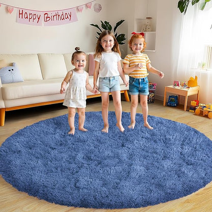 Round Fluffy for Bedroom Rugs, 5Ft Navy Blue Shag Circle Rug Non-Slip for Kids Girls Boys Bedroom Dorm Nursery Playroom, Soft Cute Area Rugs for Living Room Decor