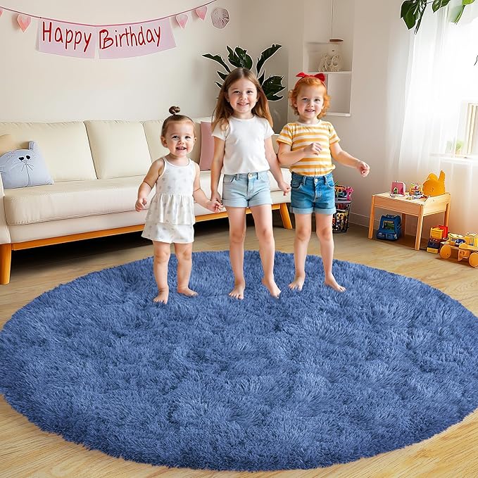 Round Fluffy for Bedroom Rugs, 4Ft Navy Blue Shag Circle Rug Non-Slip for Kids Girls Boys Bedroom Dorm Nursery Playroom, Soft Cute Area Rugs for Living Room Decor