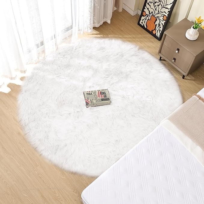 White Fluffy Faux Sheepskin Washable Fur Round Rug 5ft Nursery Rugs for Bedroom Plush Boho Circle Rug for Living Room Teen Room Décor