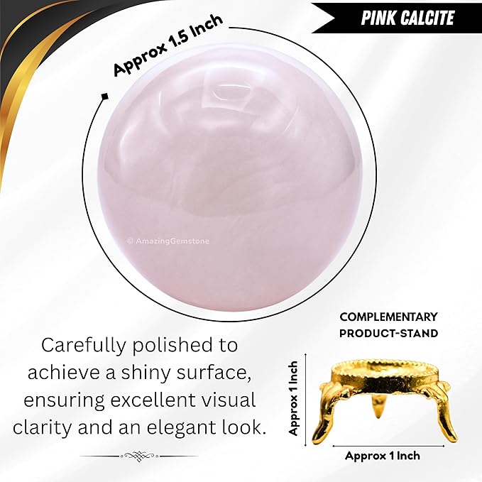 Amazing Gemstone Pink Calcite Crystal Ball with Stand - 1.5 Inches Crystal Sphere Meditation Balls for Witchcraft and Decorative Balls