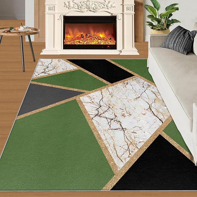 Jadeite Marble Area Rugs 3D Black Gold Marble Rug Light Luxury Geometric Line Carpet Mid-Century Simple Rug Stone Cracks Rugs for Living Room Bedroom 7x8ft
