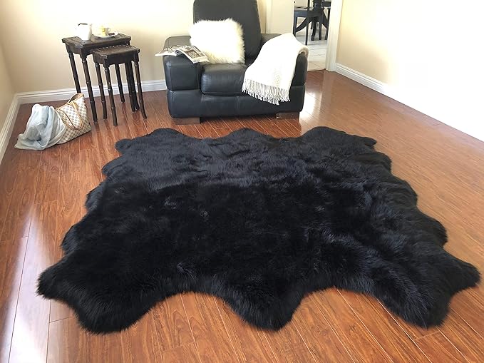 Free Shape Luxury Soft Fluffy Shag Area Rug Sexto 6 Pelts 6'x6',180x180 cm - Vegan Fur Ultra Soft Indoor Carpet Nursery Rugs for Bedroom Home Decor, Black