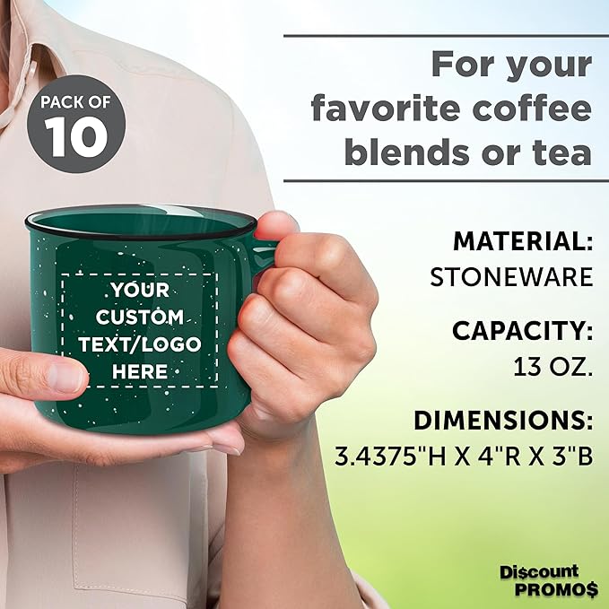 DISCOUNT PROMOS Custom Ceramic Campfire Coffee Mugs 13 oz. Set of 10, Personalized Bulk Pack - Perfect for Tea, Espresso, Cappuccino, Hot Cocoa - Green
