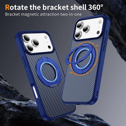 Mag-Stand Carbon Fiber Case for iPhone 17 Pro, 360° Rotate Magnetic Stand, Compatible with MagSafe, 15FT Military Protection, Slim Shockproof Magnetic Kickstand Mag Phone Case for Men Women