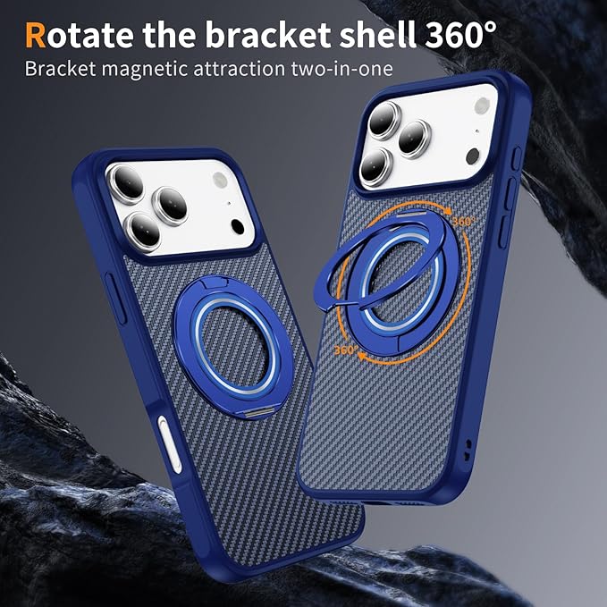 Mag-Stand Carbon Fiber Case for iPhone 17 Pro Max, 360° Rotate Magnetic Stand, Compatible with MagSafe, 15FT Military Protection, Slim Shockproof Magnetic Kickstand Mag Phone Case for Men Women