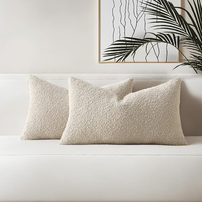 HAUSSY Set of 2 12x20 Decorative Throw Pillow Covers, Soft Cozy Textured Boucle Lumbar Pillow Cases, Home Decor for Couch Bed Living Room, Beige