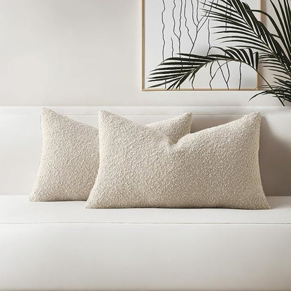 HAUSSY Set of 2 12x20 Decorative Throw Pillow Covers, Soft Cozy Textured Boucle Lumbar Pillow Cases, Home Decor for Couch Bed Living Room, Beige