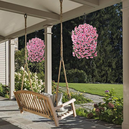Artificial Flowers Plants for Outdoor with Basket, 4PCS Silk Hanging Faux Flowers Long Trailing Vines for Outside Home Porch Patio Decoration, Pink & Light Pink