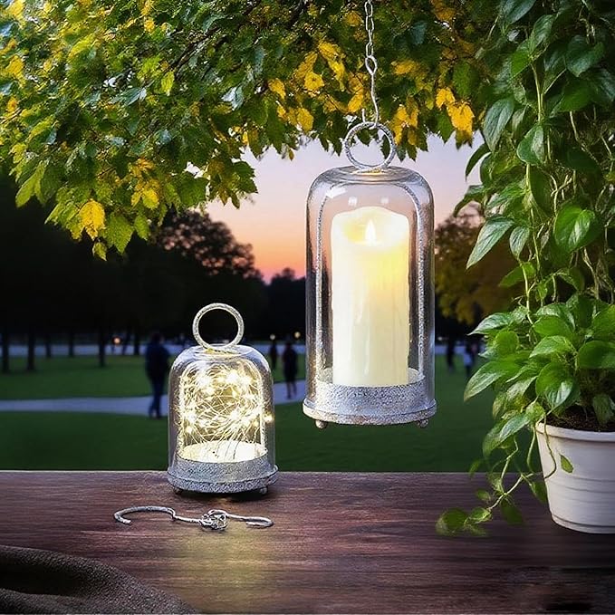 6" & 4" Wide Versatile Modern Metal Hurricane Lantern with Handmade Sturdy Glass Dome in Vintage White for Pillar Candle & Plants, Industrial, Farmhouse, Shabby Chic