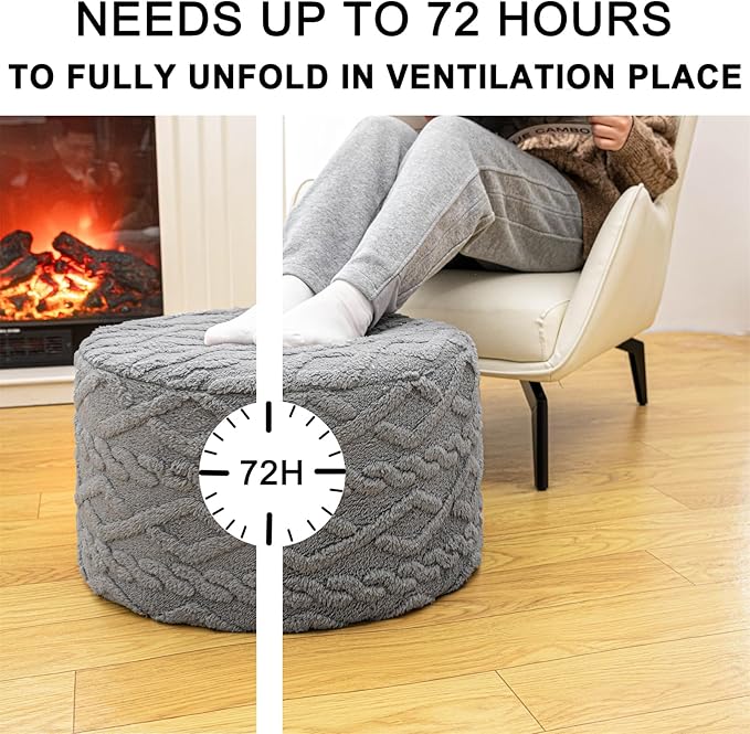 Pouf Ottoman Stuffed 20x20x12 Inches Floor Pouf Plush Fiber Ottoman Foot Rest Under Desk Foot Stool for Living Room Bedroom (Light Gray Pouf with Filler)
