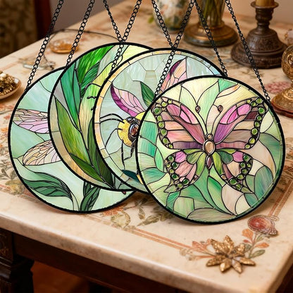 DASTOLL Stained Glass Window Hanging 4 Pcs Set Pink Green Insect Theme 6.3" - Butterfly Suncatcher Door Garden Sun Catcher Decor Birthday Christmas for Mom Woman Nana Men