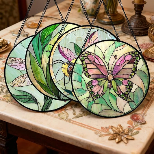 DASTOLL Stained Glass Window Hanging 4 Pcs Set Pink Green Insect Theme Large 11.8" - Butterfly Suncatcher Door Garden Sun Catcher Decor Birthday Christmas for Mom Woman Nana Men