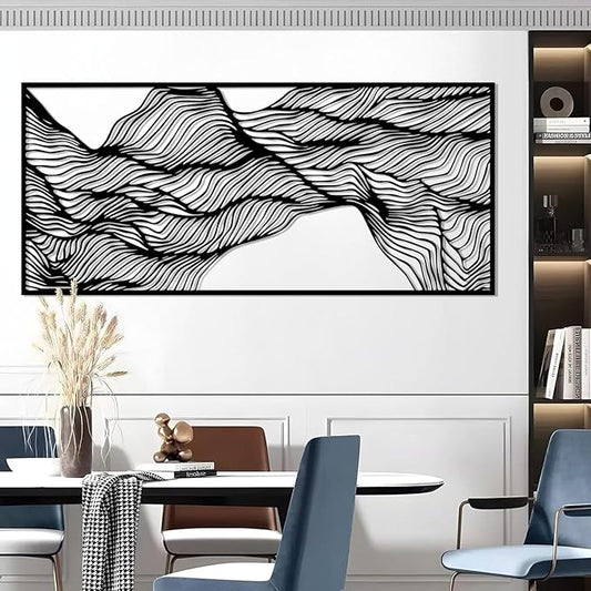 Abstract Lines Metal Wall Decor, Abstract Wavy Lines Metal Wall Art, Large Contemporary Wall Decor, Minimalist Line Wall Art, Modern Geometric Wall Sculpture for Living Room (Black, 53"x24"/135x61cm)