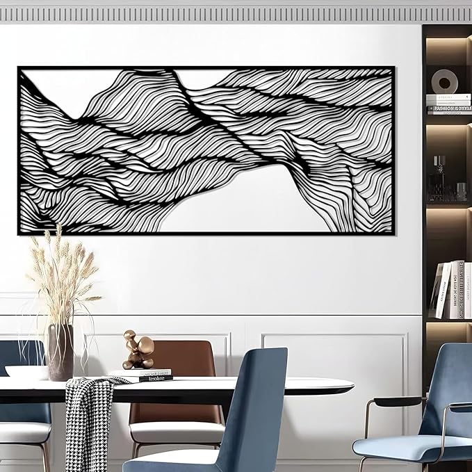 Abstract Lines Metal Wall Decor, Abstract Wavy Lines Metal Wall Art, Large Contemporary Wall Decor, Minimalist Line Wall Art, Modern Geometric Wall Sculpture for Living Room (Black, 59"x27"/150x67cm)